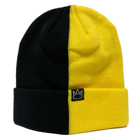 Half Black Yellow 2 Two Tone Beanie Knit Cap Hat - Picture 1 of 4